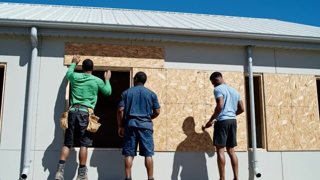 men installing plywood on building
