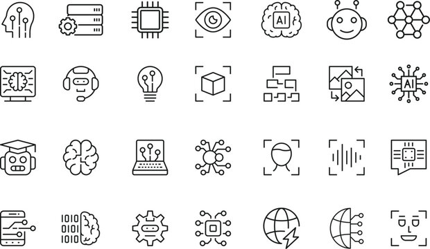 Artificial intelligence set of web icons in line style.Contain icons related to artificial intelligence, AI, and more. Editable stroke. Vector illustration