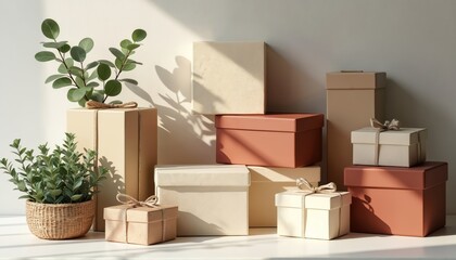 Neutral tone gift boxes and plants arranged artistically. Presents are stacked and tied with twine. This composition suits eco friendly gifting or product display themes.
