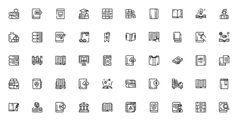 Obraz premium Book icon set. Minimal vector icons pack. Includes book, notebook, student, bookmark, ebook, library, spellbook and more. Editable stroke.