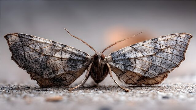 Macro Shot of a Gray Geometer Moth with Spread Wings on Textured Ground