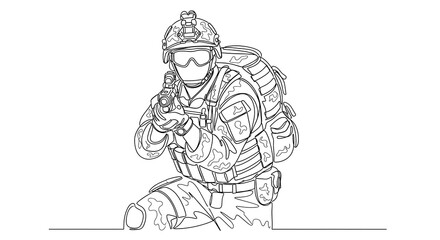 Obraz premium Soldier in tactical gear crouching with gun ready