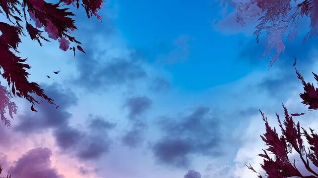 Sky scene with stylized dark foliage framing clouds and color gradients