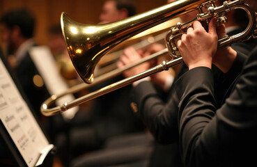 Fototapeta premium Musician plays golden trombone during orchestral performance. Focus on brass instrument slide and hands moving. Other players blurred in background. Sheet music visible on stand.