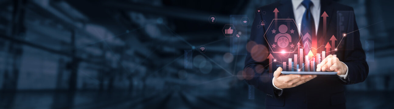 Businessman using a tablet for analyzing customer satisfaction data and information, client feedback, service quality, user experience, customer retention, business analytics.