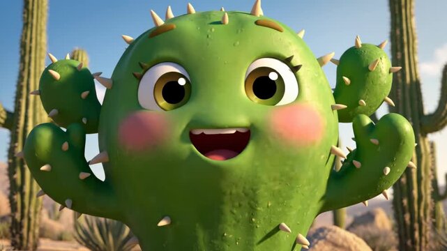 Cartoon cactus character with a happy face stands in a desert.