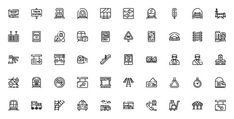 Train station icon set. Vector transportation symbols collection. Includes subway, rail, ticket, escalator, signage, schedule, location, and more. Minimal line icons. © wang