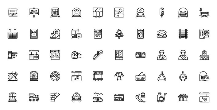 Train station icon set. Vector transportation symbols collection. Includes subway, rail, ticket, escalator, signage, schedule, location, and more. Minimal line icons.