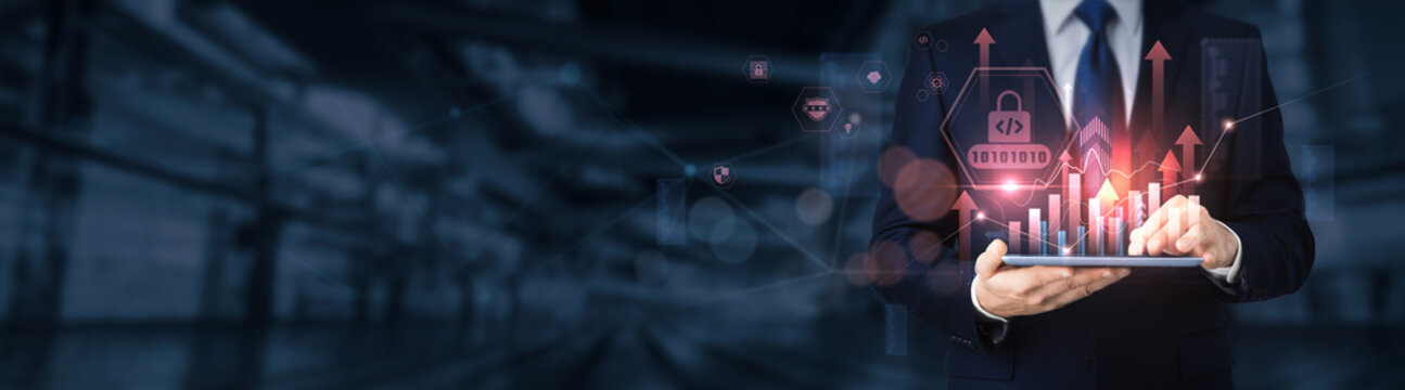 Businessman using a tablet for analyzing secure coding data and information, cybersecurity development, software security, vulnerability prevention, application protection, IT compliance.