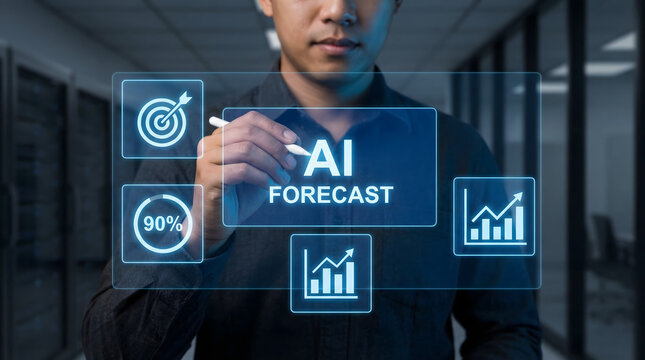 Professional interacting with glowing AI forecast screen and data analysis charts in a secure server