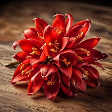 Red Ceibo Flower on Rustic Wooden Table