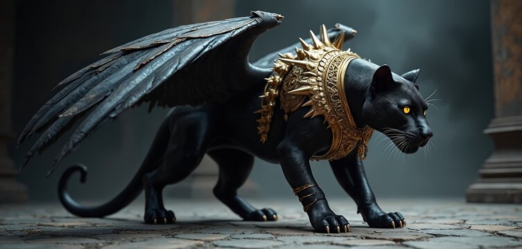 Dark panther with ornate gold wings and armor walks on stone path. Majestic winged creature with piercing yellow eyes looks alert, ready for action in mystical setting.