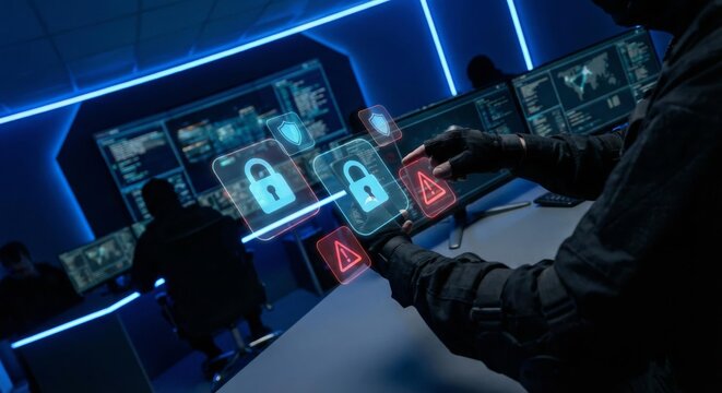 Cybersecurity Professional Monitoring Network Threats in High-Tech Security Operations Center
