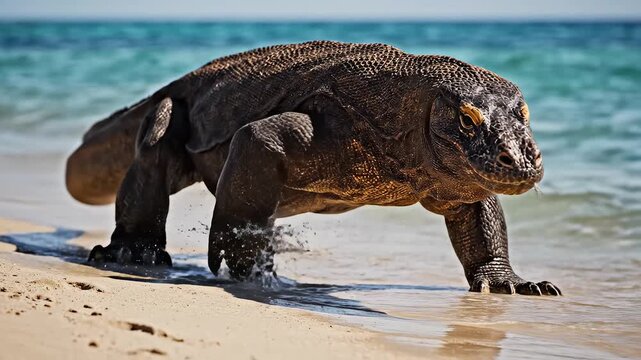 Komodo dragon on beach with fish