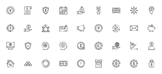Banking and ATM icon set. Vector symbols for yen, shield, money bag, ATM, global finance, piggy bank, and more. Editable thin line illustrations.