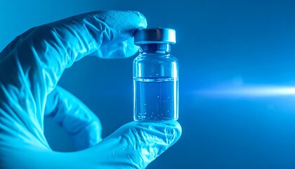 Vaccine Vial in Medical Examination: A gloved hand delicately holds a vaccine vial, set against a backdrop of clinical blue. It symbolizes medical advancements and preventative care.