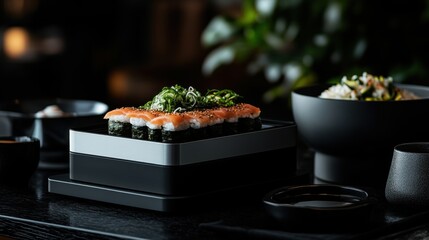 Fresh salmon nigiri sushi presentation in a modern serving box.