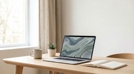 Fototapeta premium personal branding startups brand identity concept. Minimalist home office setup with laptop, coffee mug, plant, and notebook