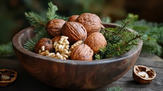 Close up of walnuts in wooden bowl with pine branches on rustic surface