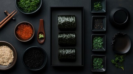 Dark, sophisticated seaweed snacks presented in a black box.
