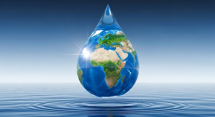 A water droplet shaped like the globe floating above a reflective surface