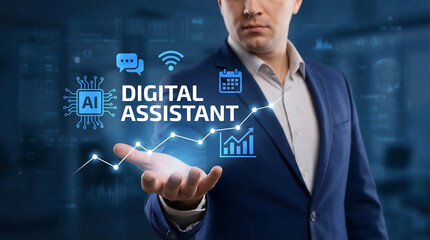 Obraz premium Professional businessman presenting innovative digital assistant AI technology with virtual growth i