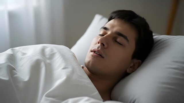 man person lying on bed looking up thoughtfully, comfortable bedroom setting ideal for insomnia, stress, or contemplation themes.