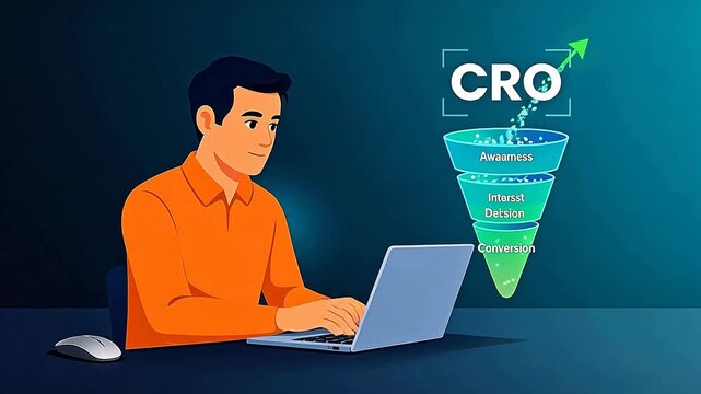 Man working on laptop with CRO funnel