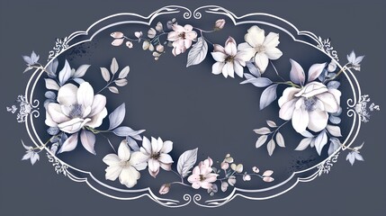 navy blue oval frame with white floral accents around the edges, set against an empty background. the design includes delicate flowers and leaves in soft pastel shades of pale pink and lavender.