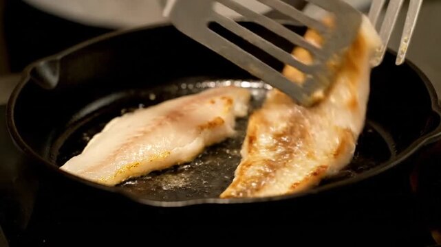 Close-up of fish fillets being turned with a spatula in a cast iron skillet on a stovetop with warm tones.