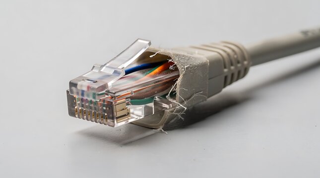 Close-up of a damaged grey Ethernet cable with a clear RJ45 connector, showing exposed twisted pair wires on a light background.