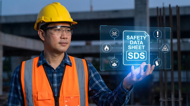 Focused engineer in safety gear interacting with a glowing Safety Data Sheet SDS at a construction s