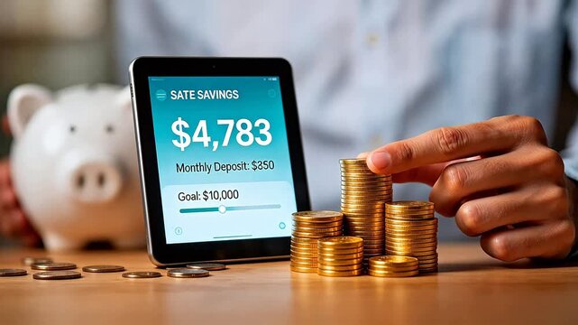 Person stacking coins near tablet