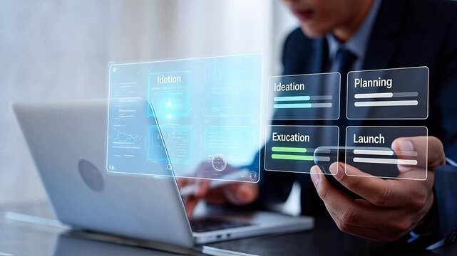 Businessman using futuristic hologram interface
