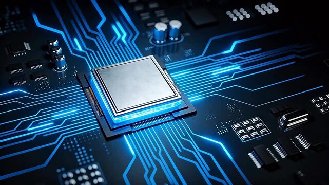 Glowing blue microprocessor on circuit board
