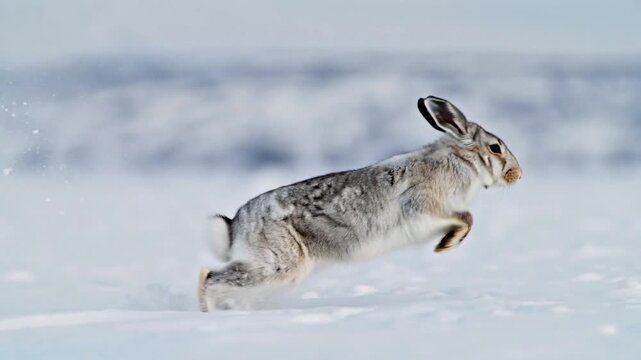 Arctic hare sitting in pristine snow winter landscape with soft blue lighting