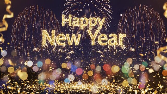Golden fireworks celebrate the joyous arrival of the New Year holiday.