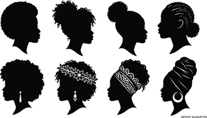 Artistic African women silhouette collection with diverse natural hairstyles, cultural headwraps and accessories, black female profile illustration set © ab