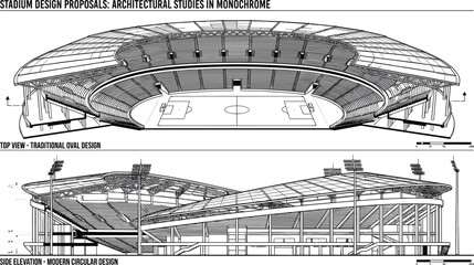 Monochrome stadium design blueprint with top view and side elevation, modern circular arena architecture concept, detailed architectural drawing illustration © ab