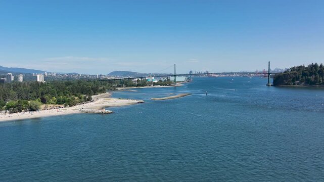Wide Aerial View of Burrard Inlet, Lions Gate Bridge and Vancouver Skyline, British Columbia Canada