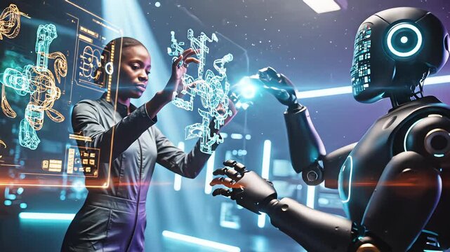 Futuristic African American female engineer collaborating with humanoid robot on holographic schematics in high-tech laboratory