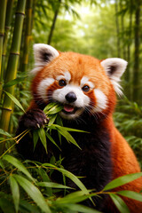 Adorable Red Panda Eating Green Bamboo Leaves in a Lush Forest Jungle