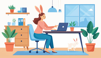 Fototapeta premium Woman Wearing Bunny Ears Working on Laptop.
