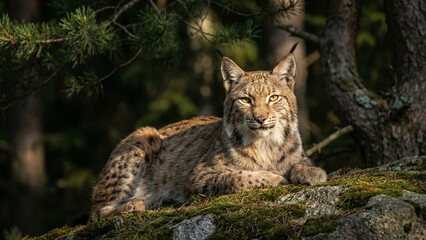 Obraz premium Beautiful Eurasian lynx resting on a mossy rock in the dark forest