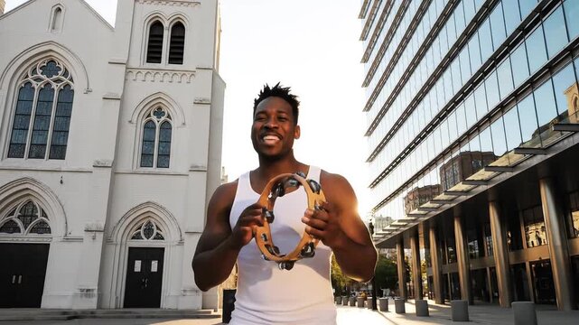 Man holding tambourine in front of church and building
