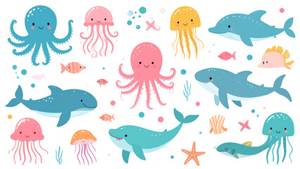 Cute Cartoon Sea Animals Collection &ndash; Octopus, Dolphin, Shark and Jellyfish Vector Illustration Set