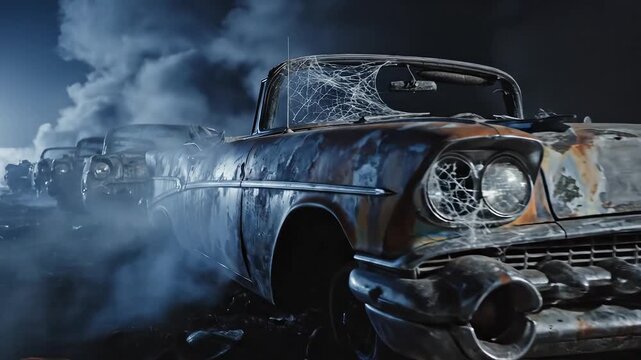 Row of rusted vintage cars in desolate setting