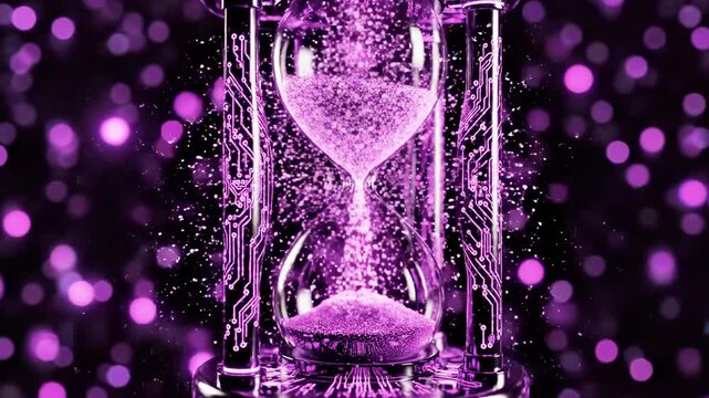 A close-up of a purple hourglass with sand flowing from top to bottom against a vibrant purple background