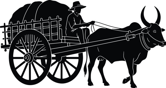 Black silhouette of a traditional bullock cart with a driver isolated