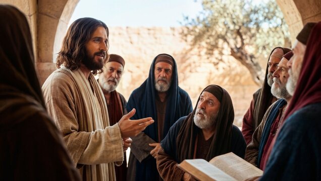 예수 가르침, 바리새인과 사두개인에게 지혜와 공감을 전하며 청중을 사로잡는 평화로운 논쟁 장면.